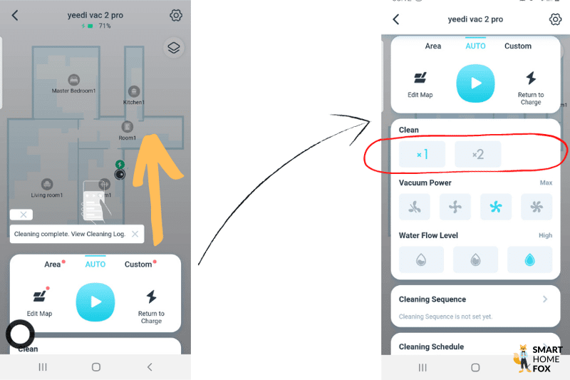 Anzahl der Reinigungsfahrten wird in der Yeedi App eingestellt